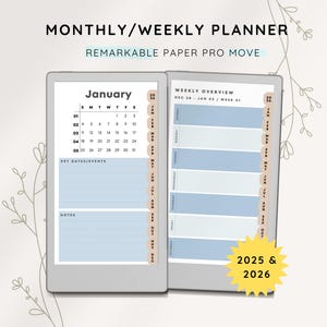 Op de afbeelding: Een digitale planner voor de Remarkable Paper Pro Move, met maandelijkse en wekelijkse lay-outs voor 2025 en 2026. De planner heeft een witte achtergrond met blauwe en beige accenten. De tekst "MONTHLY/WEEKLY PLANNER" staat bovenaan.