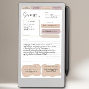 May include: A digital tablet displaying sermon notes on the topic of Ruth. The notes include scripture references, key points like "God is a redeemer," and a message about Ruth's commitment. A stylus rests on the side. The tablet's interface is in a neutral color palette.