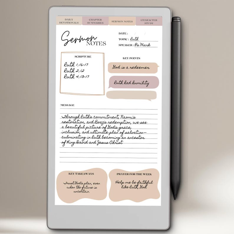 May include: A digital tablet displaying sermon notes on the topic of Ruth. The notes include scripture references, key points like "God is a redeemer," and a message about Ruth's commitment. A stylus rests on the side. The tablet's interface is in a neutral color palette.