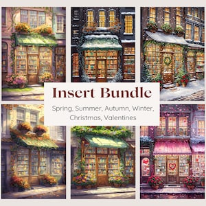 May include: A set of six digital illustrations depicting a bookstore storefront in different seasons: spring, summer, autumn, winter, Christmas, and Valentine's Day. Each illustration features a charming brick building with a green awning, a window display of books, and festive decorations.