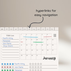 Op de afbeelding: Een zwart-witte kalender met een lijst van boeken om te lezen, getiteld "TBR List". De lijst bevat "Fourth Wing", "Manacled", "Iron Flame" en "Onyx Storm". De kalender is verdeeld in maanden, met januari gemarkeerd.
