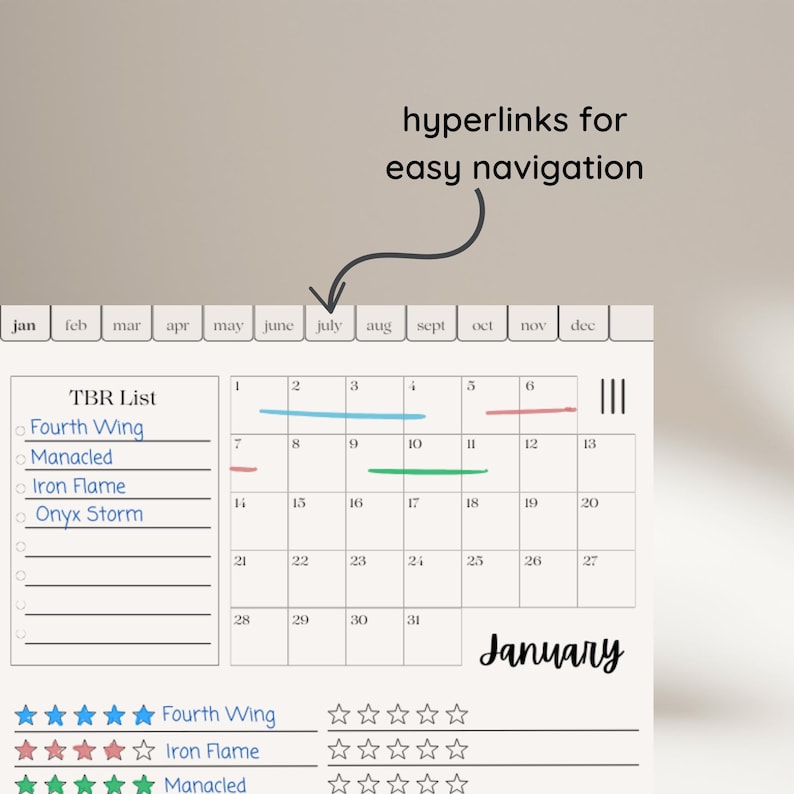 Op de afbeelding: Een zwart-witte kalender met een lijst van boeken om te lezen, getiteld "TBR List". De lijst bevat "Fourth Wing", "Manacled", "Iron Flame" en "Onyx Storm". De kalender is verdeeld in maanden, met januari gemarkeerd.
