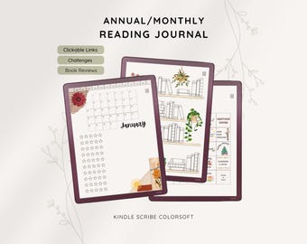 Op de afbeelding: Een jaarlijks/maandelijks leesdagboek met een kalender voor januari, uitdagingen en boekrecensies. Het dagboek heeft klikbare links en is ontworpen voor de Kindle Scribe. Het ontwerp bevat bloemen- en boekenplankillustraties.
