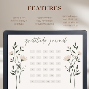 May include: A digital printable gratitude journal with a floral design. The journal has a calendar layout with 31 numbered squares. The text "gratitude journal" is written in cursive at the top of the page.