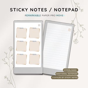 Op de afbeelding: Digitaal notitieblok met plaknotities en gelinieerde pagina's. De afbeelding toont twee digitale notitieblokken, één met zes beige plaknotities en de andere met gelinieerd papier. Tekst op de afbeelding luidt "STICKY NOTES / NOTEPAD" en "REMARKABLE PAPER PRO MOVE".