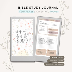 Könnte beinhalten: Zwei digitale Tablets, die ein Bibelstudienjournal anzeigen. Ein Tablet zeigt den Text "& if not, He is still GOOD" mit floralen Akzenten. Das andere Tablet zeigt Predigtnotizen und tägliche Andachten. Der Text "Bible Study Journal" steht oben.