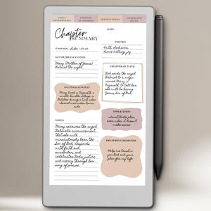 May include: A digital tablet displaying a chapter summary with handwritten notes. The summary includes themes, chapter outline, application, and prayerful response. A black stylus rests on the side of the tablet. The tablet is white with a black border.