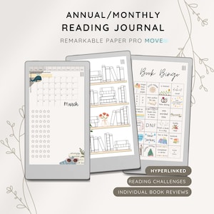 Puede incluir: Un diario de lectura anual/mensual se muestra en tres tabletas. Las pantallas muestran un calendario de marzo, una ilustración de estantería y un juego de bingo de libros. El texto incluye "Remarkable Paper Pro Move", "Hyperlinked", "Reading Challenges" y "Individual Book Reviews".