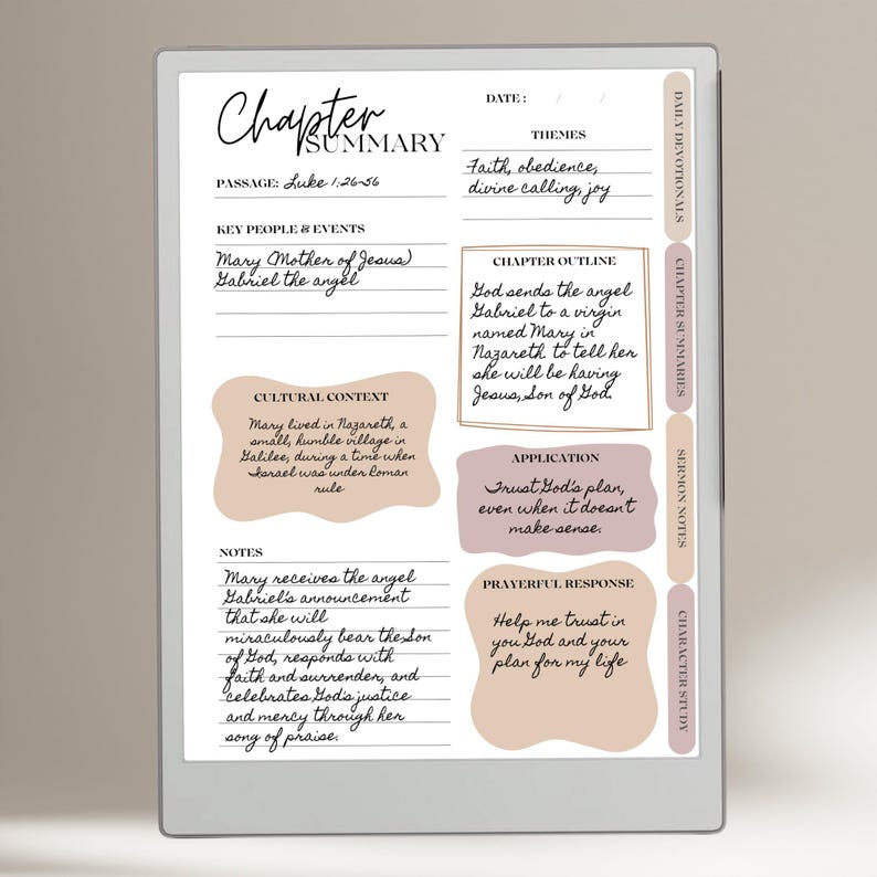 May include: Digital tablet displaying a chapter summary page with handwritten notes. The page includes sections for passage, key people, cultural content, and notes. The text includes the words "Chapter Summary" and "Mary". The color scheme is neutral with beige and brown accents.