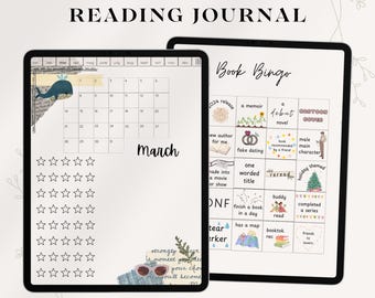 Könnte beinhalten: Eine digitale Lesetagebuch-Vorlage auf dem Bildschirm eines Tablets. Die Vorlage enthält einen Kalender, eine Buch-Bingo-Karte und einen Bereich zum Bewerten von Büchern. Die Buch-Bingo-Karte zeigt Illustrationen von Büchern, Ringen und einem Weihnachtsbaum.