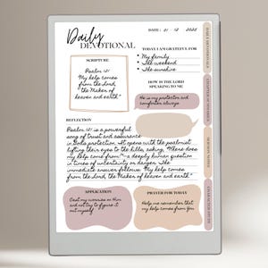 May include: A digital devotional tablet with handwritten text. The screen displays "Daily Devotional" and scripture from Psalm 121. Includes sections for reflection, application, and prayer. The date is displayed as 01/12/2025.