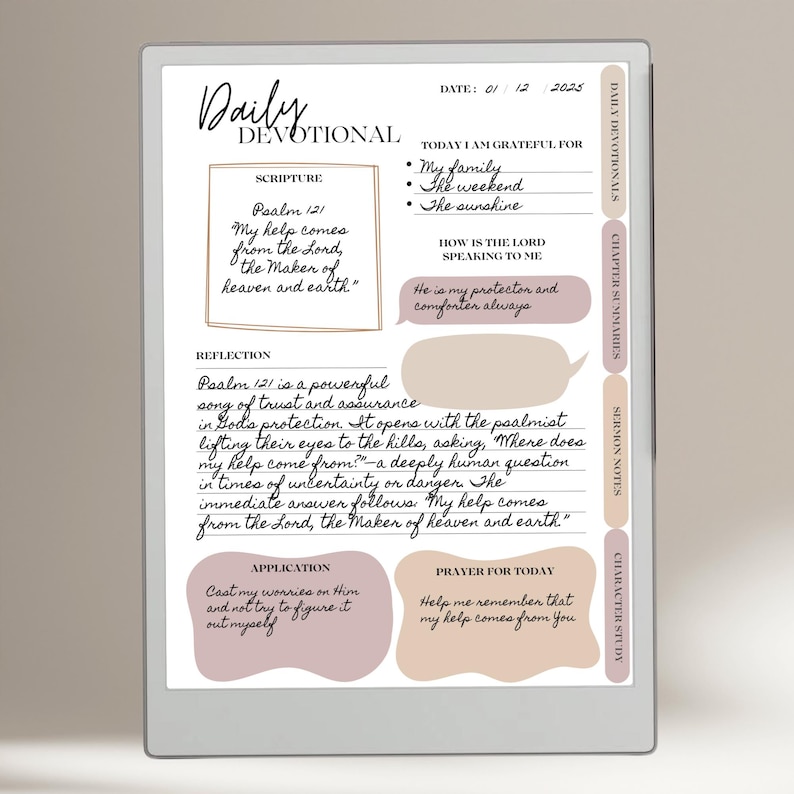 May include: A digital devotional tablet with handwritten text. The screen displays "Daily Devotional" and scripture from Psalm 121. Includes sections for reflection, application, and prayer. The date is displayed as 01/12/2025.