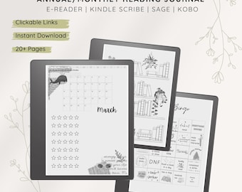 May include: A digital reading journal for tracking books read. The journal includes a calendar, a reading bingo card, and a section for rating books. The journal is designed for use on e-readers such as Kindle Scribe, Sage, and Kobo.