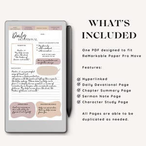 May include: A digital planner displayed on a tablet with a stylus. The planner includes sections for daily devotionals, chapter summaries, sermon notes, and character studies. Text on the screen reads "Daily Devotional" and "What's Included".