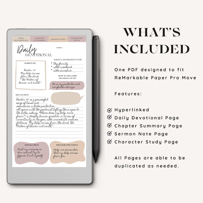 May include: A digital planner displayed on a tablet with a stylus. The planner includes sections for daily devotionals, chapter summaries, sermon notes, and character studies. Text on the screen reads "Daily Devotional" and "What's Included".