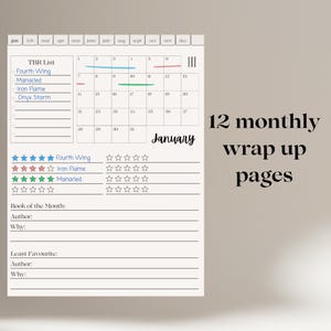 Op de afbeelding: Een printbare maandelijkse leestracker met een kalender, een lijst met boeken om te lezen en een sectie om boeken te beoordelen. De tekst "12 maandelijkse samenvattingspagina's" staat bovenaan de pagina.