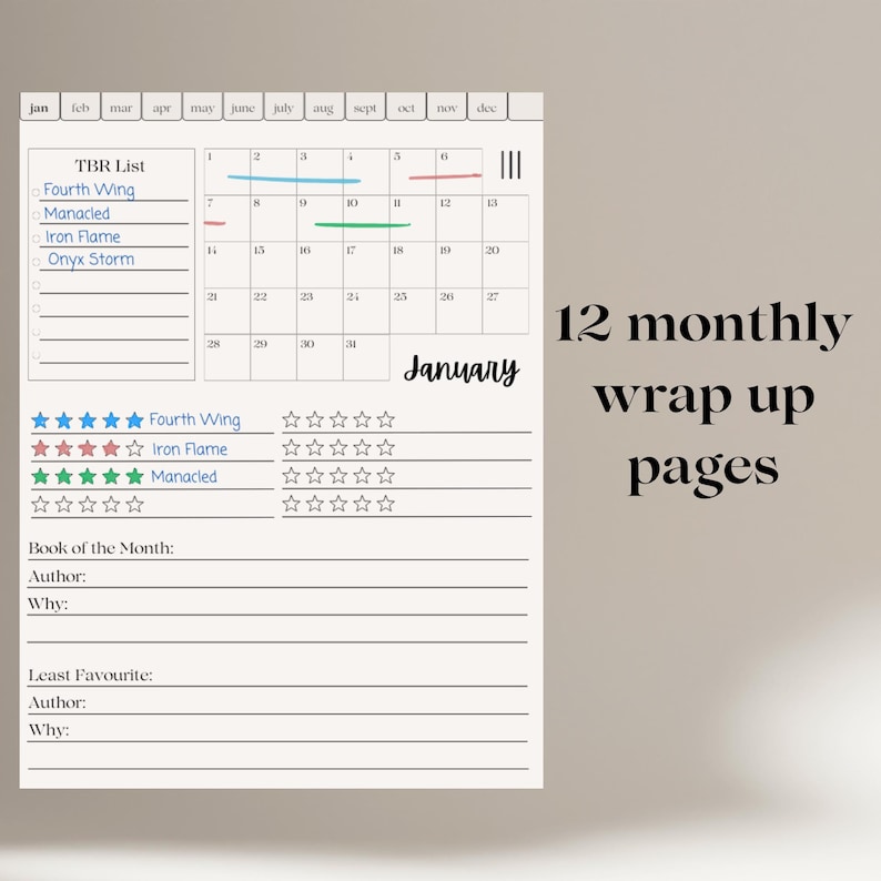 Op de afbeelding: Een printbare maandelijkse leestracker met een kalender, een lijst met boeken om te lezen en een sectie om boeken te beoordelen. De tekst "12 maandelijkse samenvattingspagina's" staat bovenaan de pagina.
