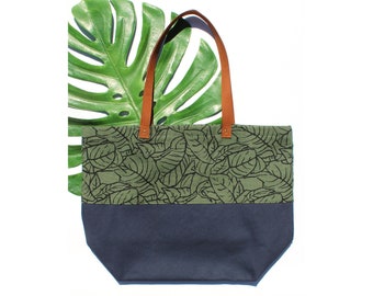 Banana Leaf Print Canvas Colorblock Tote - Canvas Tote - Fall Tote Bag - Travel Tote - Large Tote Bag