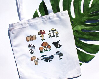 Mushroom Medley Tote Bag - Mushroom Illustration Tote - Handprinted Tote Bag