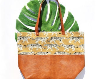 Golden Cheetah Canvas and Leather Tote - Year Round Tote Bag - Travel Tote - Large Tote Bag