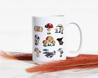 Mushroom Medley Ceramic Mug - Mushroom Illustration Coffee Cup - 15 oz Mushroom Drawing Mug