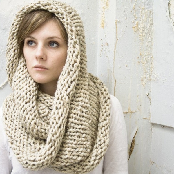 Infinity Scarf No. 1 in Oatmeal - Wool Blend Circle Scarf - Cowl Scarf - Chunky Knit Scarf - Hooded Scarf - Ready to Ship