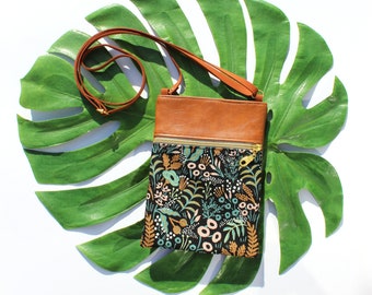 Midnight Menagerie Metallic Floral and Leather Crossbody Bag with Adjustable Strap - Floral Purse - Lightweight Purse for Travel