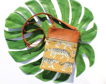 Gold Cheetah and Leather Crossbody Bag with Adjustable Strap - Floral Purse - Floral Handbag - Travel Purse - Lightweight Purse for Travel