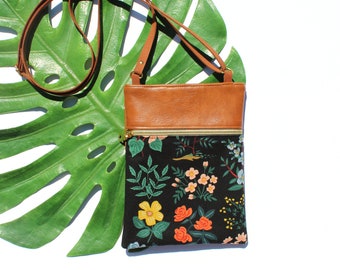 Black Floral and Leather Crossbody Bag with Adjustable Strap - Floral Purse - Floral Handbag - Travel Purse - Lightweight Purse for Travel