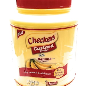 May include: A yellow plastic container of banana flavored custard powder with the brand name "Checkers" and the text "Rich Creamy Delight" on the label.