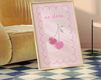 Retro Kirsche Print, Kirsche Wandkunst, Dopamin-Dekor, Preppy Sachen, Preppy Print, Kokette Raumdekor, Rosa Wandkunst, Ma Cherie Wandkunst