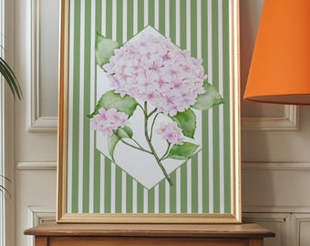 Impresión de hortensias en acuarela: arte mural botánico, decoración cottagecore (descarga digital)