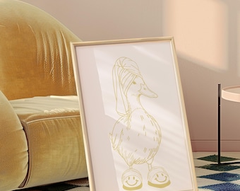 Impresión de pato, arte de pared de pato en toalla, impresión de pato vintage, decoración de guardería de granja, pato genial en pantuflas, arte de pared de baño de pato, pato en pantuflas