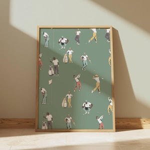 Puede incluir: Una impresión enmarcada con un fondo verde y un patrón repetido de golfistas en varias poses. Los golfistas visten todos con ropa de diferentes colores y llevan bolsas de golf.