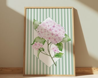 Impresión de hortensias en acuarela: arte mural botánico, decoración cottagecore (descarga digital)