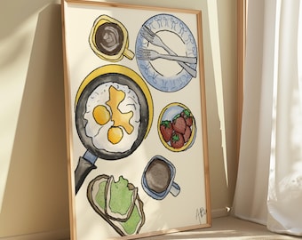 Pancakes & Coffee Kitchen Print: Retro Breakfast Food Poster (18x24 Digital Download