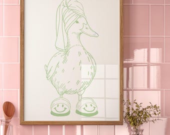 Stampa di anatra, Anatra in asciugamano, Decorazione murale, Stampa vintage di anatra, Decorazione per cameretta a tema fattoria, Anatra in pantofole, Decorazione murale per bagno con anatra, Anatra in pantofole