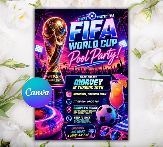 FIFA World Cup Pool Party Invitation, World Cup 2026 Soccer Party Invite, Soccer Birthday Invitation, Pool Party Invite, Editable Canva