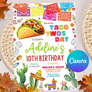 Taco Twosday Invitation, Mexican Fiesta 2nd Birthday Invitation, Cactus Sombrero Guitar Maracas Cinco De Mayo Two Tuesday, Instant Download
