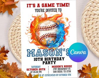 Editable Baseball Birthday Invitation, Baseball Party Invites, Instant Download Baseball Invitations, Printable Baseball, Canva Template
