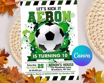 Editable Soccer Birthday Invitation Digital, Soccer Party Invite, Football Birthday Evite, Let's Kick Up Some Fun, Canva Template