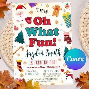 Editable Santa Hat Oh What Fun Invite, Christmas Birthday Digital Template Download, Christmas Party Invitation Kids Holiday