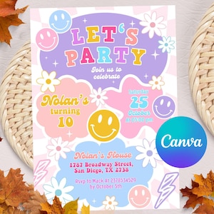 Preppy Smile Face Birthday Invite, Editable Groovy Retro Birthday, Teen Party, Tween Birthday, Girl Birthday Emoji, Instant Download