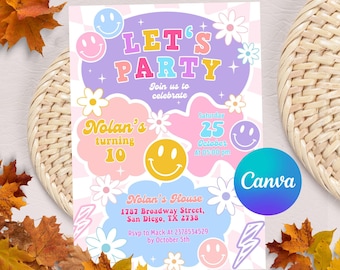 Faire-part d'anniversaire smiley rétro rose, invitation à une fête rose BCBG, anniversaire de fille préado à carreaux ondulés, fête groovy, modèle de toile modifiable
