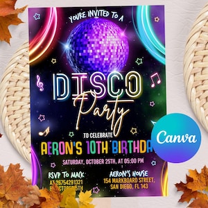 Editable Disco Party Birthday Invitation, Disco Glow Invitation, Dance Party Template, Neon Party Invite Instant Download