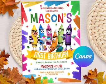 Invitación de cumpleaños editable con crayones, invitación para fiesta de arte con crayones, invitación para fiesta de arte, plantilla de Canva
