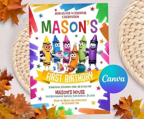 Editable Crayon Birthday Invitation, Crayon Art Party Invitation, Art Party Invitation, Canva Template