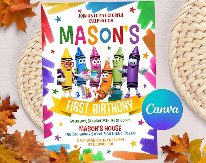 Crayon Color Birthday Party Labels, Coloring Party Invite, Crayons ...