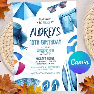 May include: A blue and white birthday invitation with a watercolour design featuring beach-themed items such as an umbrella, sunglasses, flip-flops, and a surfboard. The invitation is for Audrey's 10th birthday party. The text on the invitation reads "Come make a big splash at Audrey's 10th Birthday. Saturday, October 25th at 05:00 PM. Audrey's House, 1787 Broadway Street, San Diego, TX 238. RSVP to Mack at 2379534529 by October 5th. Don't forget your swimsuit & towel."