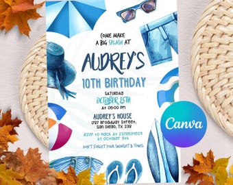 Editable Blue Pool Party Birthday Invitation Template for Boy Summer Splish Splash Birthday Invite, Instant Download